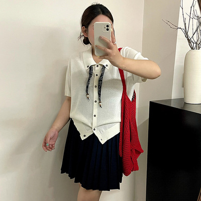 大码女装减龄polo领丝巾上衣女针