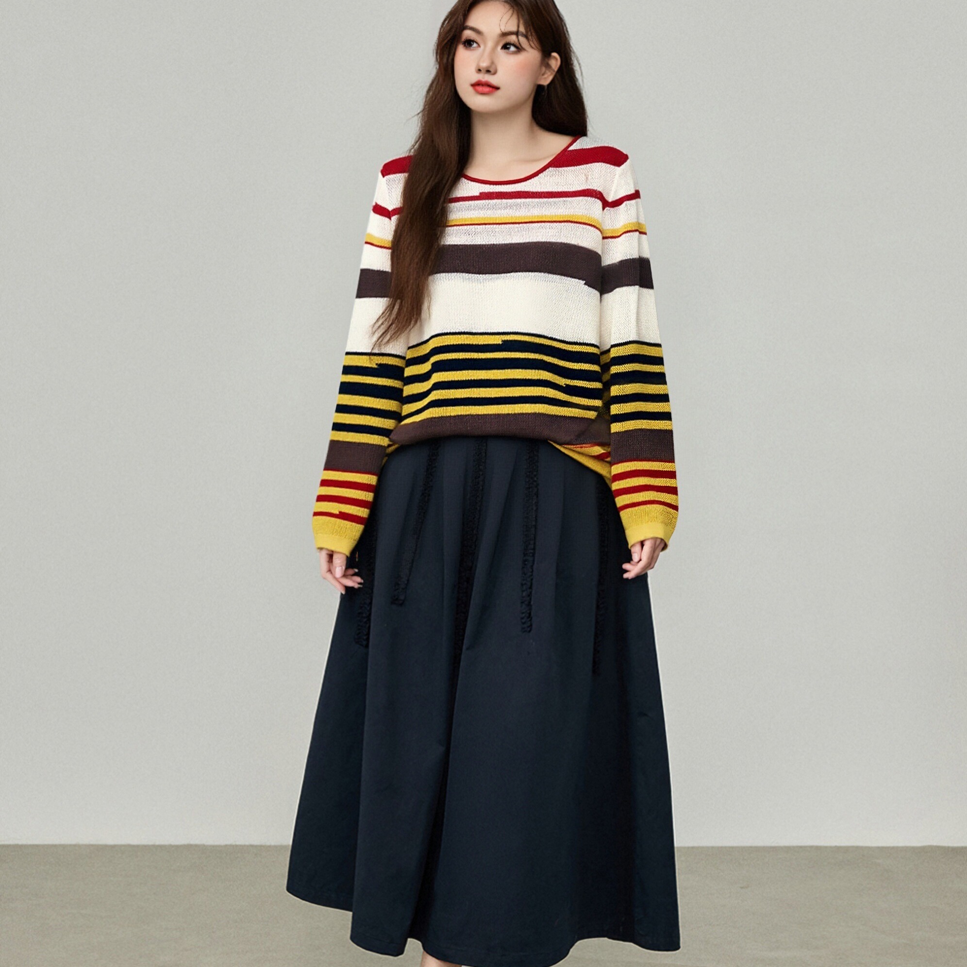 大码女装圆领镂空长袖上衣女条纹衫2025秋新款胖mm宽松显瘦针织衫