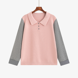 大码女装撞色拼接长袖polo领毛衣2025冬胖mm宽松休闲针织衫