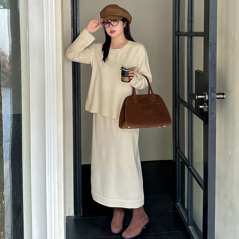 大码女装圆领休闲针织套装2024秋冬胖mm宽松百搭上衣女半裙两件套,女装/女士精品,时尚套装,淘宝优惠券,粉丝福利购,淘宝优惠卷