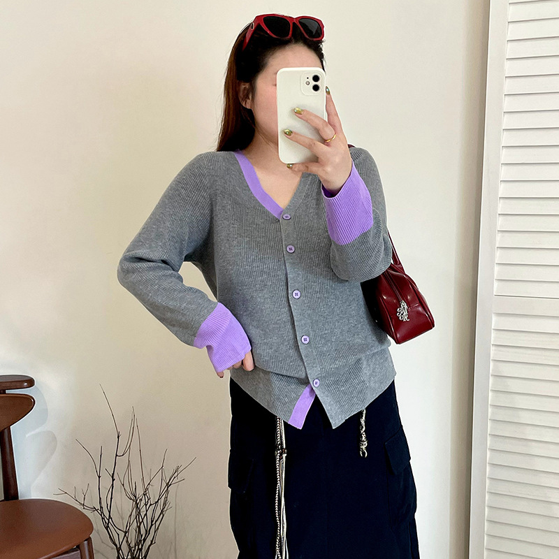 大码女装撞色v领长袖上衣女休闲