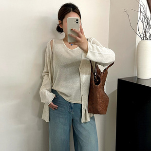 大码女装内搭背心女开衫v领针织套装2026春款胖mm休闲两件套23772