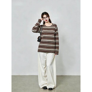 圆领撞色条纹段染毛衣女2025冬胖mm宽松休闲针织衫 大码 女装