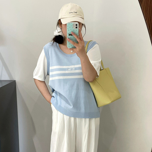 胖mm宽松短袖 大码 2025夏款 女装 t恤 圆领撞色条纹上衣女显瘦针织衫