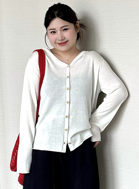 大码女装休闲v领连帽衫薄款开衫2026夏胖mm百搭宽松针织衫V23883
