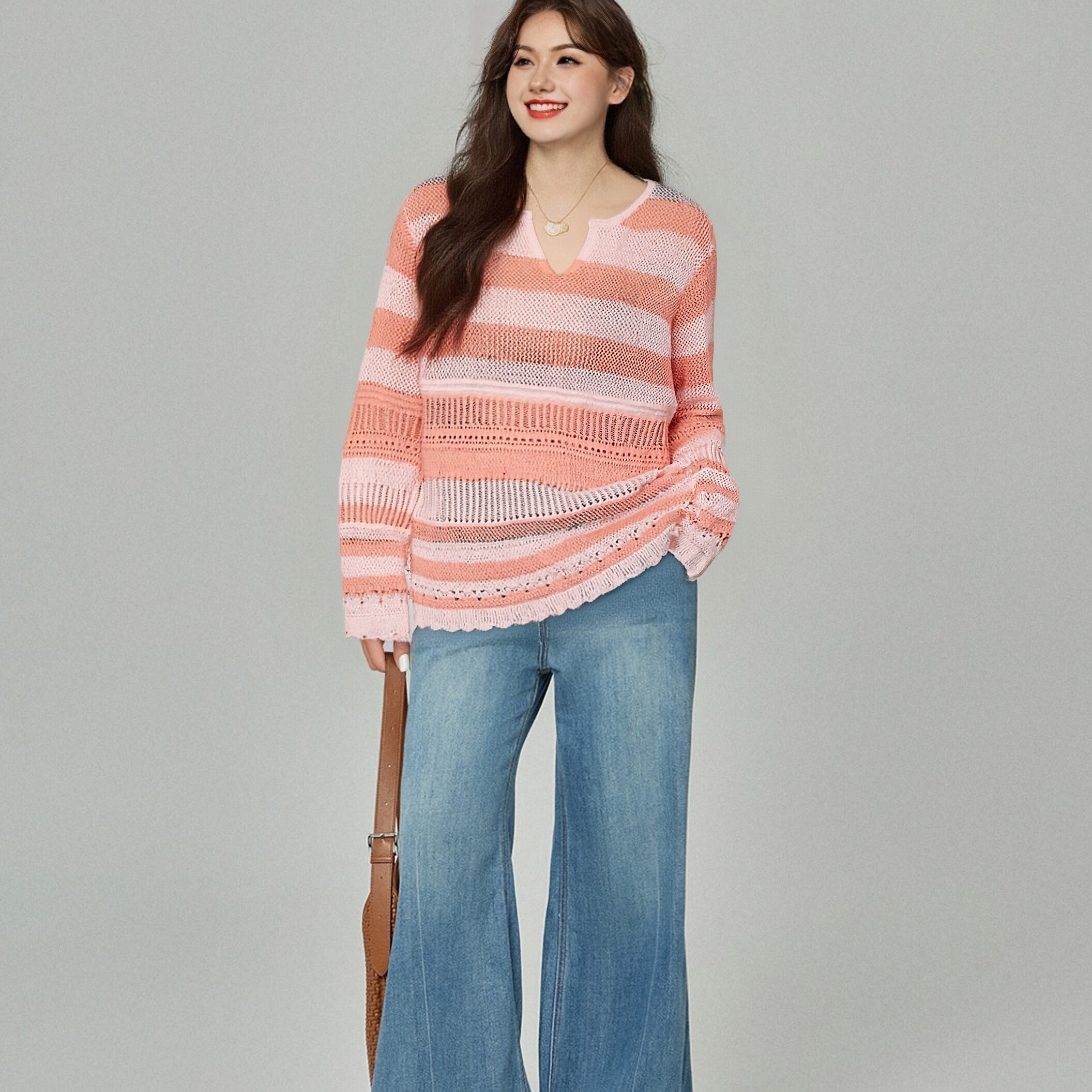 大码女装圆领镂空长袖上衣女条纹衫2025秋胖mm宽松外穿内搭针织衫