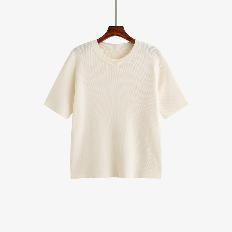 大码女装基础百搭圆领坑条上衣女2025秋季新款胖mm宽松中袖针织衫