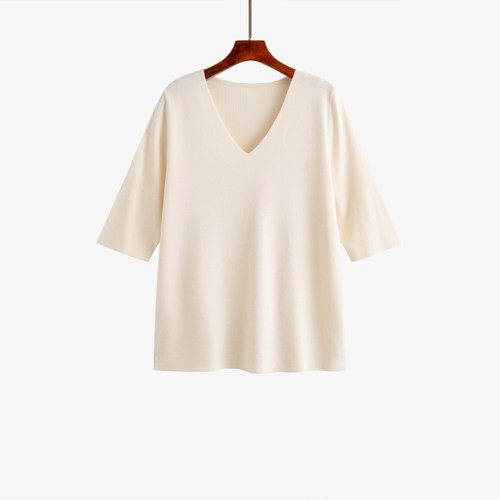 大码女装百搭基础纯色v领上衣2025秋季新款胖mm宽松短袖针织衫女