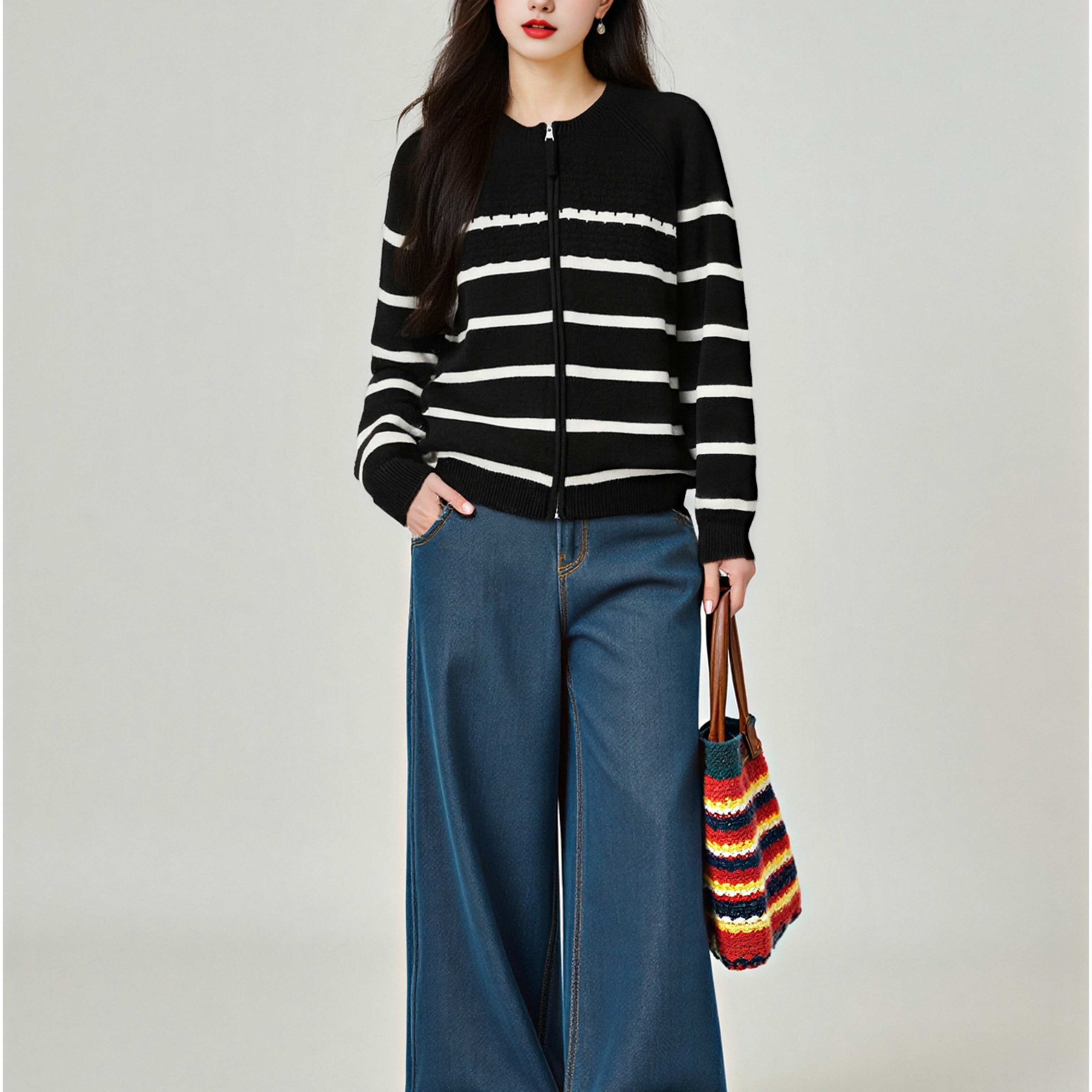 大码撞色条纹圆领外套女宽松慵懒上衣2025秋款胖mm针织开衫