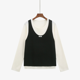 胖mm休闲宽松圆领针织衫 大码 新款 撞色假两件上衣2025秋季 女 女装