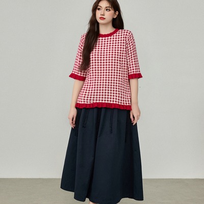 大码女装圆领荷叶边短袖上衣女格子衫2025秋季新款胖mm显瘦针织衫