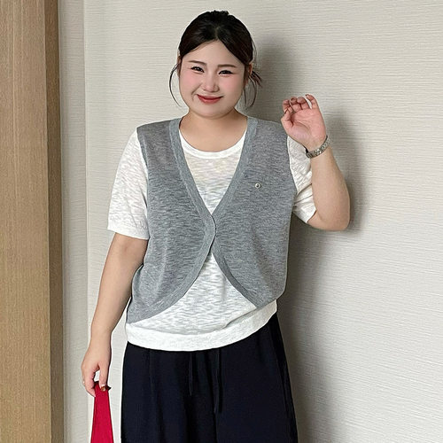大码女装撞色假两件圆领上衣女20