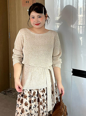 大码女装一字领长袖毛衣女飘带上衣2026春款胖mm百搭针织衫23783