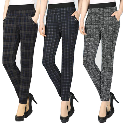 冬款中老年加绒女裤格子休闲裤