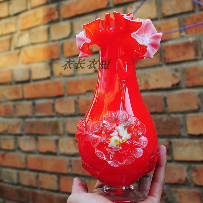 花瓣红色琉璃玻璃花瓶70年代老物件