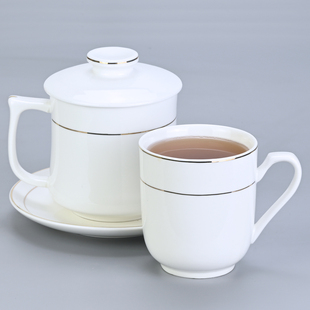 陶瓷杯带盖专用会议杯金边宾馆酒店茶杯办公室纯白色介杯定制logo