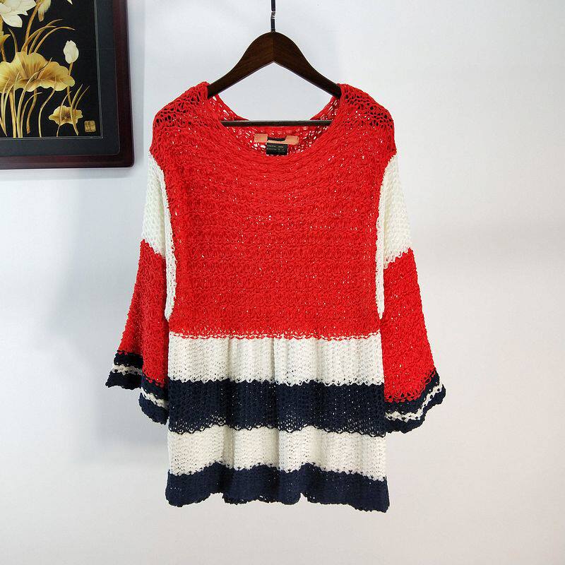 秋季女装新品d2 时尚镂空勾织拼接颜色条纹上衣宽松套头百搭 毛衣