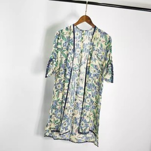 女装 宽松百搭衬衫 新款 开叉复古雪纺开衫 裙 甜花朵印花可变袖 夏季