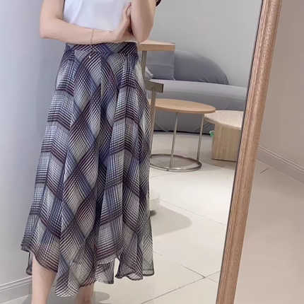 半身裙 夏季女装新款高腰显瘦格子印花A字裙中长款气质百搭雪纺裙