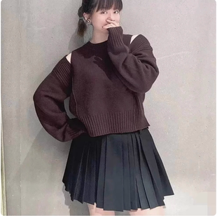 法式 针织衫 新款 女装 设计感慵懒风宽松显瘦气质露肩圆领毛衣 时尚