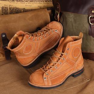 手工固特异圆头短脸工装靴真皮拼皮复古休闲高帮机车靴跳伞靴男靴