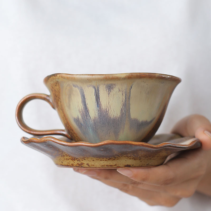 景德镇柴烧咖啡杯手工陶瓷带碟