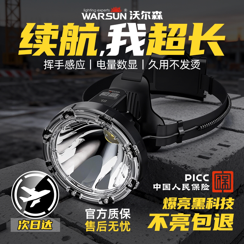 沃尔森头灯充电强光超亮感应户外分体头戴式照明矿灯夜钓超长续航