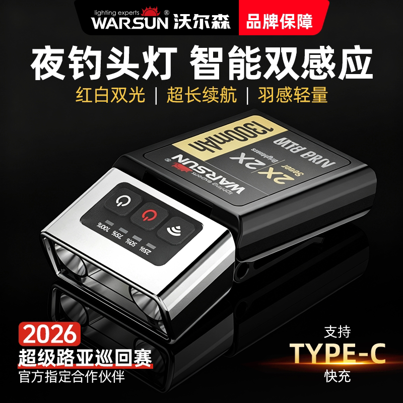 沃尔森夜钓头灯超长续航钓鱼专用双感应帽夹强光超亮充电头戴夹帽