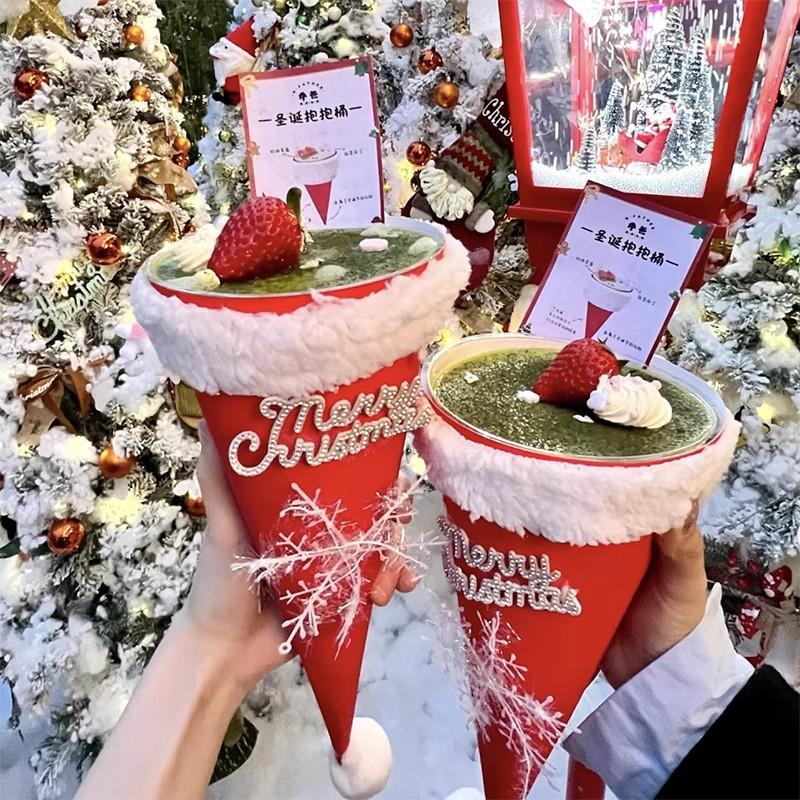 2024圣诞节主题甜品蛋糕装手握雪糕桶甜筒圣诞帽蝴蝶结手提盒插件