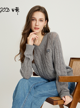 日神2025秋冬新款麻花V领羊绒衫女100纯羊绒动物刺绣针织套头毛衣