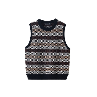 日神秋冬新款圆领羊绒背心女100纯羊绒外穿复古撞色提花无袖毛衣