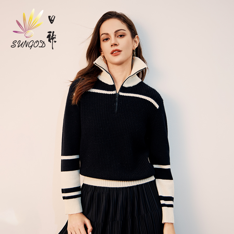 日神2025新款半开领撞色羊绒衫