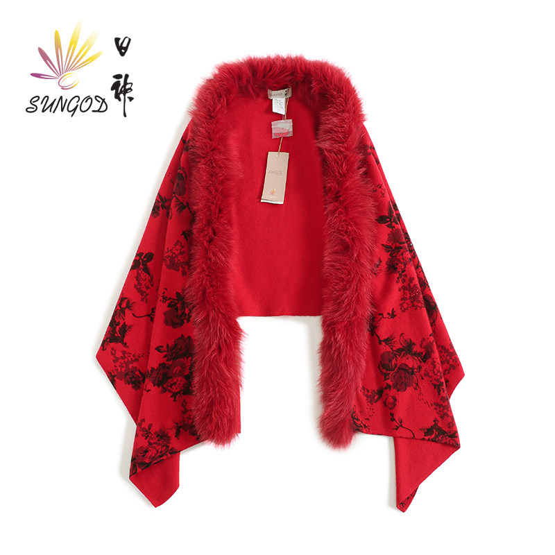 日神秋冬羊绒披肩女高端纯山羊绒狐狸毛装饰保暖花卉印花披肩外搭