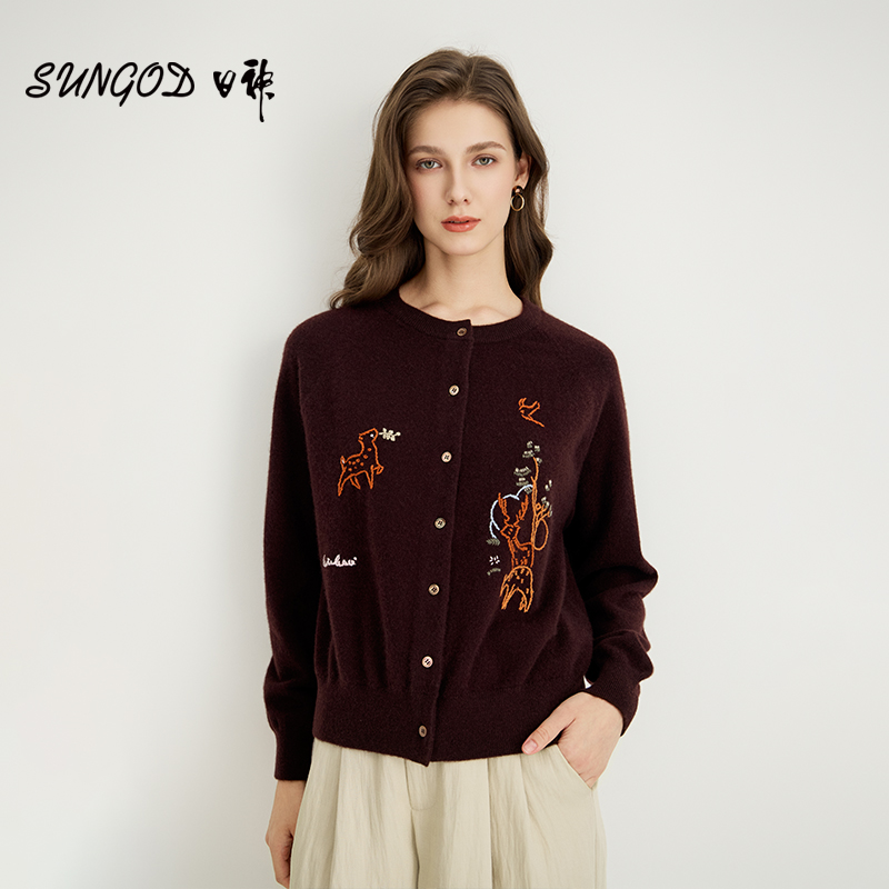 日神2025新款动物提花羊绒开衫女