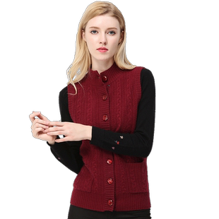 Sungod/日神秋冬新款纯羊绒女半高领开衫背心休闲针织马甲毛衣