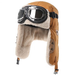 军迷户外新款冬季雷锋帽男女户外滑雪加绒保暖护目镜飞行员帽防风