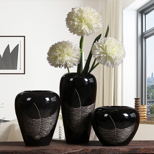 黑色创意景德镇陶瓷花瓶样板房客厅电视柜餐桌酒柜软装 饰插花摆件