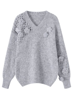 杨杨家 设计V领花朵羊毛衫50708