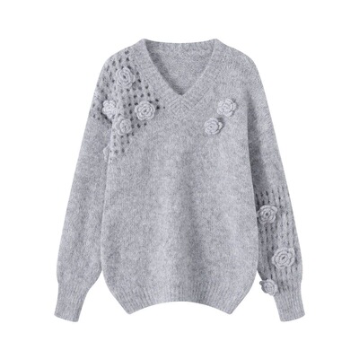 杨杨家 设计V领花朵羊毛衫50708