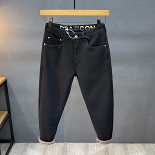 纯黑色加绒加厚九分牛仔裤男2025秋冬款新款小个子八分休闲长裤子