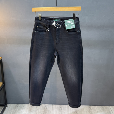 黑色八分牛仔裤男士秋冬新款刺绣小个子锥形宽松小脚弹力九分长裤