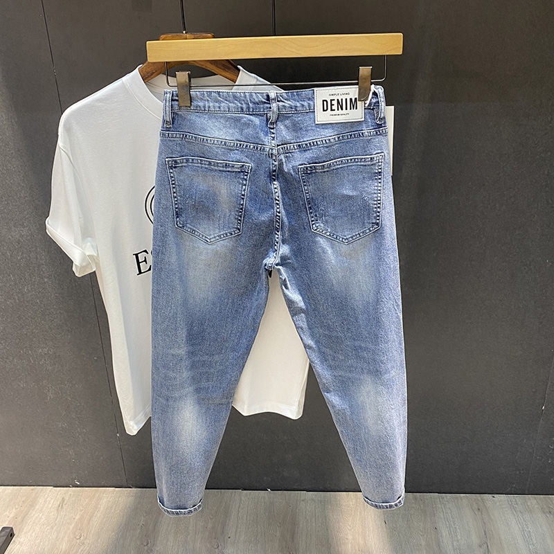 刮烂破洞牛仔裤男九分裤