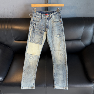 欧美高端拼接牛仔裤男款双色潮牌复古猫须刮痕破洞修身小脚长裤子