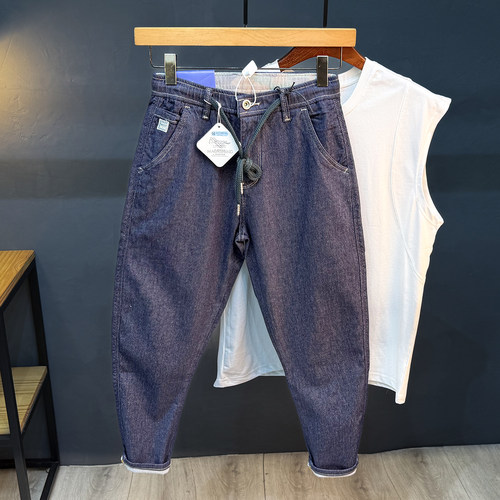 香港薄款八分牛仔裤男宽松小脚一米六矮小个子潮流九分休闲长裤子