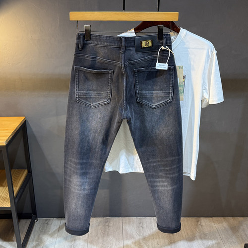 高品质重工水洗破洞牛仔裤男修身弹力小脚裤时尚设计轻奢烫钻长裤