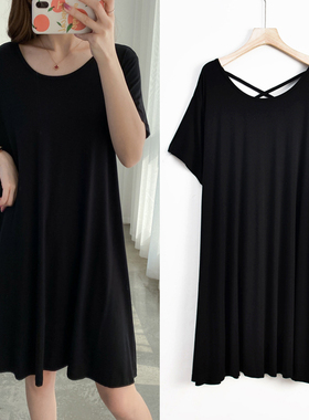 2025春新款韩版莫代尔短袖裙大码宽松中长款圆领大摆裙露背连衣裙