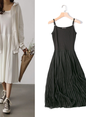 2025春季新款韩版莫代尔拼接雪纺百褶连衣裙大码显瘦吊带打底裙仙