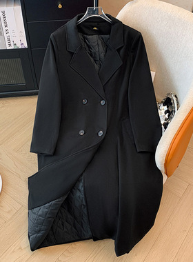 大码加棉黑色风衣女长款双排扣西装领冬显瘦气质大衣胖mm保暖外套