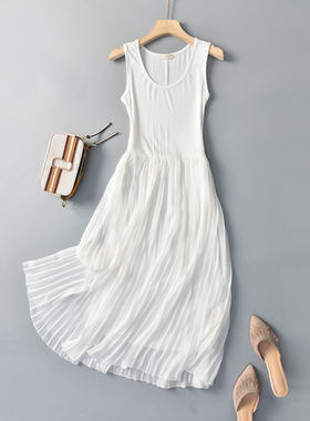 2025春夏韩版雪纺百褶裙中长款百搭显瘦吊带裙大码莫代尔连衣裙仙