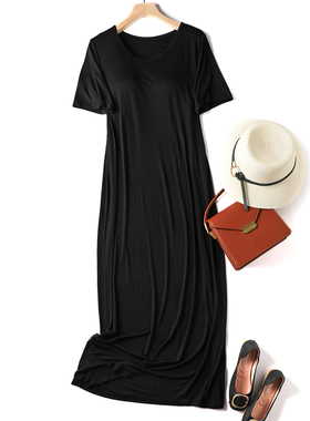 2025夏季莫代尔胸垫一体连衣裙大码宽松圆领短袖打底长裙休闲睡裙